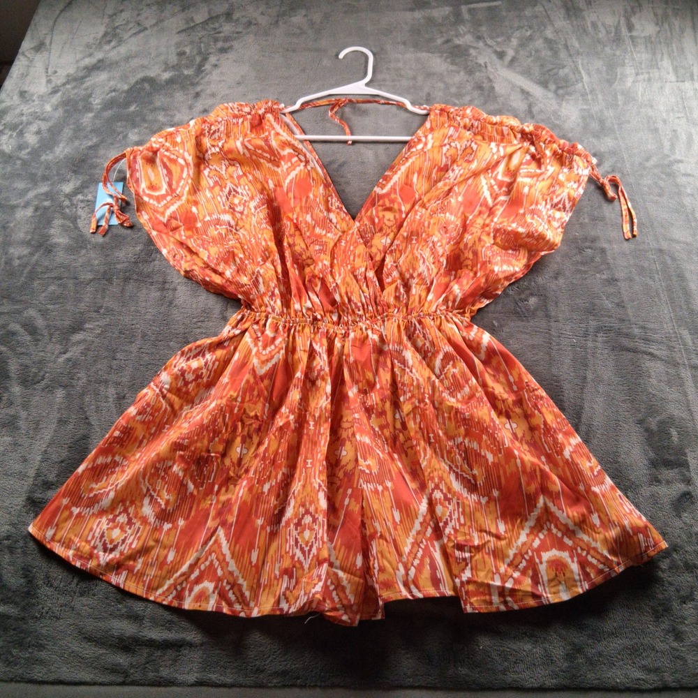 NWT Cupshe Romper Womens Small Orange Ikat Print V-Neck Drawstring Shoulder Boho - Picture 2 of 9